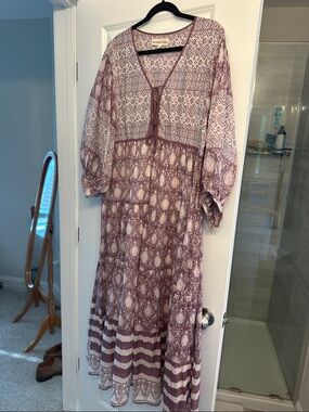 Daughters of India Mauve and Cream Boho Tie-Front Maxi Dress